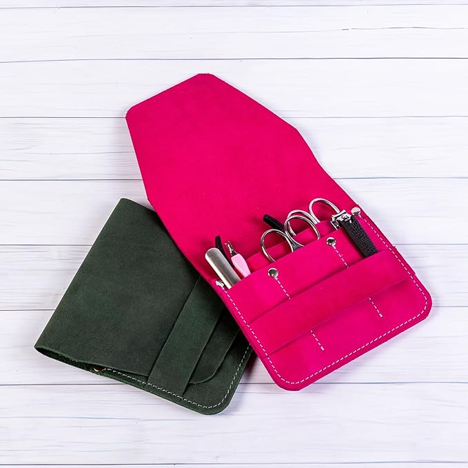 Leather Manicure Set Case Grooming Kit Organizer (Light Brown)