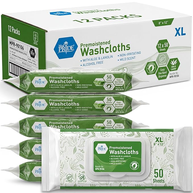MED PRIDE 600 Count 8 X12 in Premoistened Disposable Wet Washcloths for Adults with Aloe & Lanolin Personal Cleansing Skincare Makeup Removal Travel
