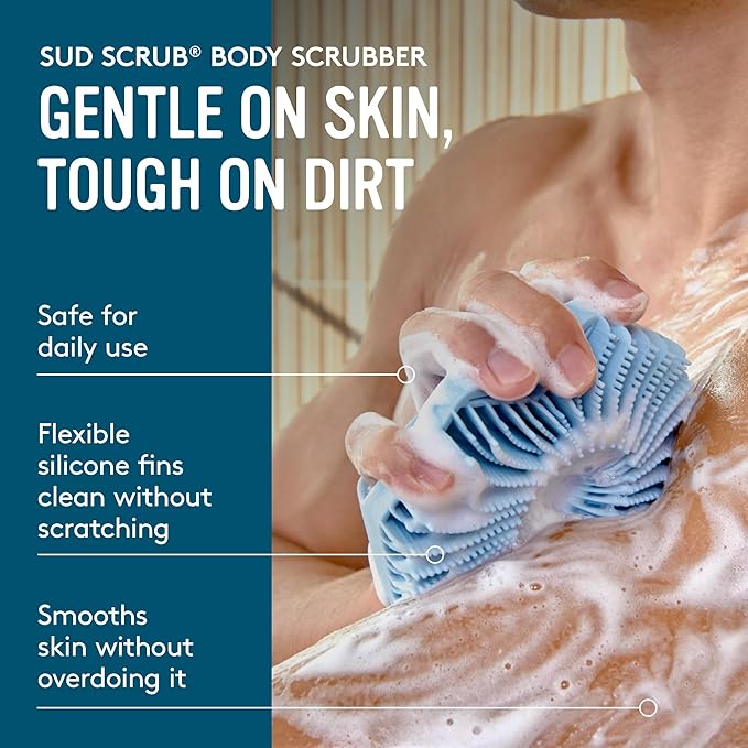 Sud Scrub® Antimicrobial Silicone Body Scrubber, Exfoliating Body Scrubber for Sensitive Skin, Eco Friendly Shower Scrubber for Body, Silicone Body Brush for Showering, Blue