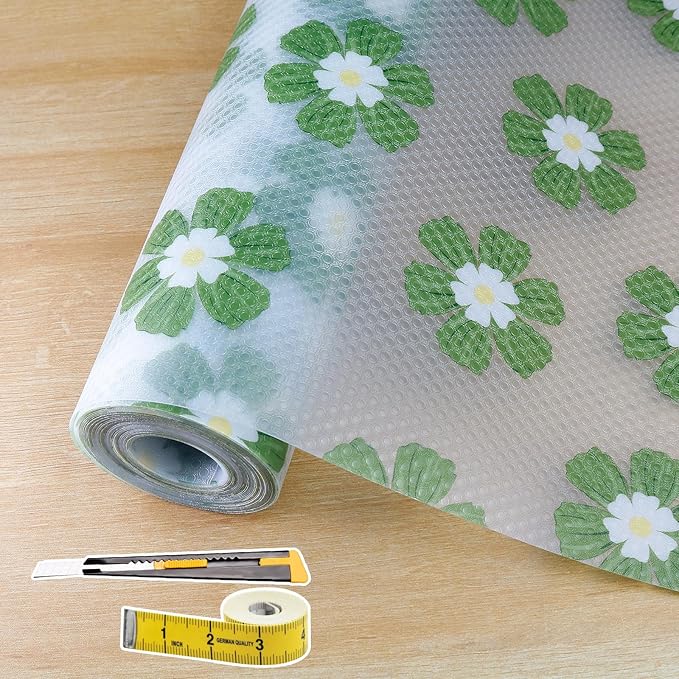 Drawer and Shelf Liner for Kitchen Cabinet,Non-Adhesive Waterproof EVA Drawer Liner for Dresser & Bathroom Vanities with Cutting Tool(12 in X 30 Ft Green Chrysanthemum)