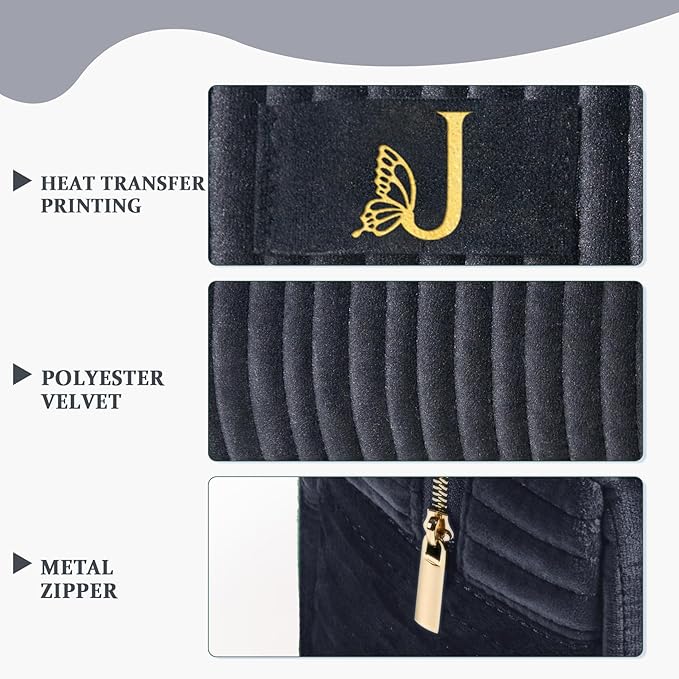 COSHAYSOO Travel Makeup Bag Quilted Make Up Pouch Initial Cosmetic Case with Butterfly Decorations for Women Compact Mirror Traveling Size Beauty Tools Accessories Organizer Black Velvet Letter J
