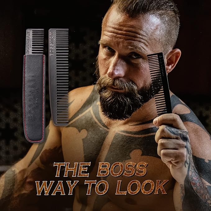 Bossman Metal Grooming Comb for Men - Mustache and Beard Styling Tool with Leather Pocket Case (Black)
