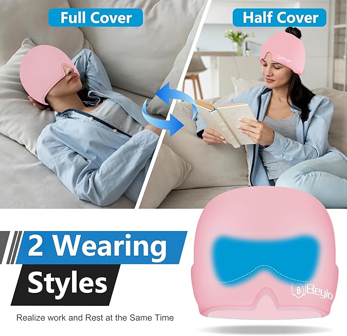 Migraine Relief Cap, All Around Gel Covered Reusable Headache Relief Cap, Black Migraine Cap for Headache Relief, Puffy Eyes (Pink)