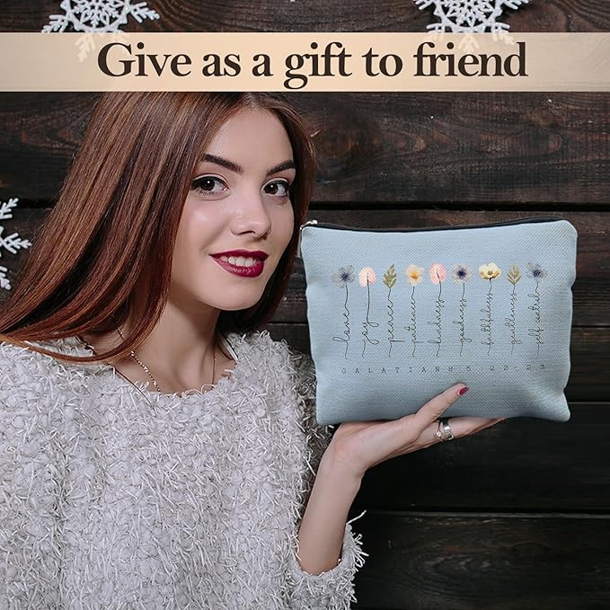 Christian Gifts Makeup Bag, Floral Christian Cosmetic Bags for Women, Galatians 5:22-23 Bible Verse Makeup Pouch（blue