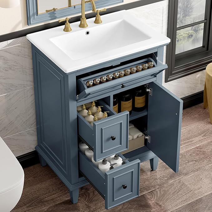 Harper & Bright Designs 24" Bathroom Vanity with Sink, Free Standing Single Basin Vanity Set with Tip-Out Drawer, 2 Drawers, and One Door, Storage Cabinet with Ceramic Basin for Bathroom, Blue Grey