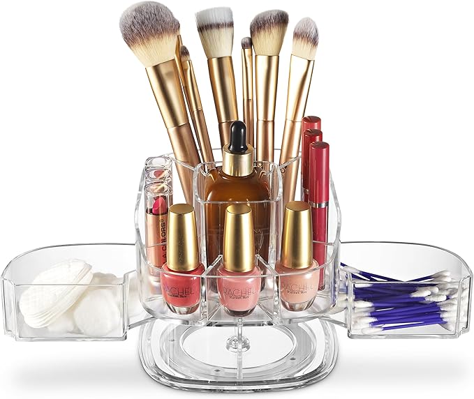 Masirs Small 360 Rotating Makeup Organizer - Mini Yet Spacious Cosmetic Storage Solution with Multiple Compartments - The Perfect Spinning Make-Up Caddy for Vanity or Bathroom Counter (Square - Clear)