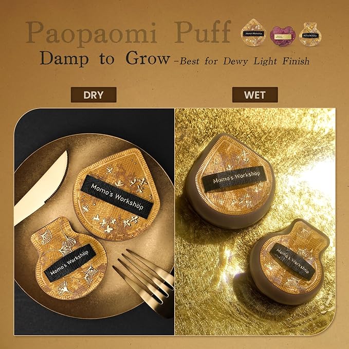 Momo's Workshop Chinese Makeup Sponge 8-Piece Set,Satin PU Leather & Gold Foil, Beauty Makeup Cushion Puffs for Foundation, Blush,Dual Use Sponge Blender Natural and Concealer With Storage case