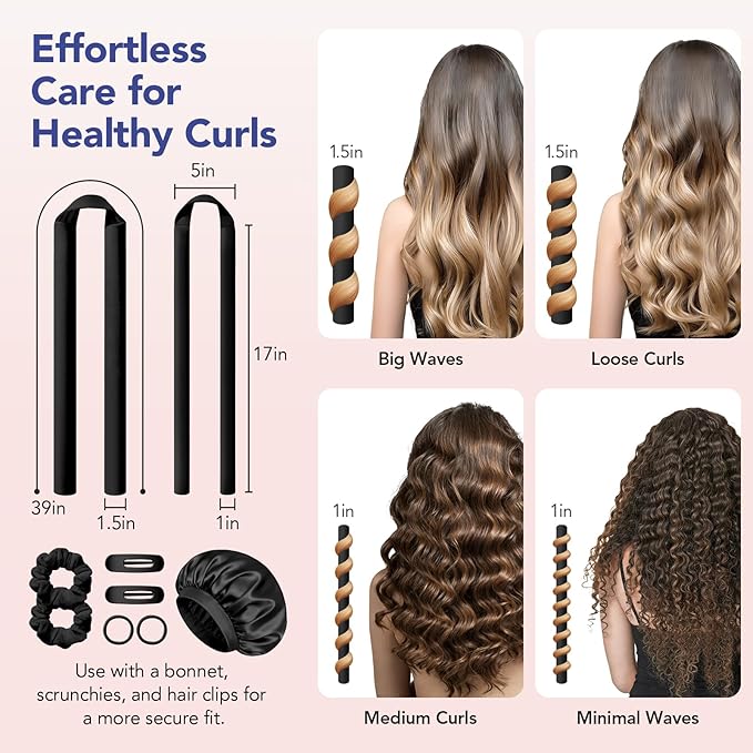 LitBear Heatless Curls Overnight, 2 Sizes of Soft Hair Rollers for Women with Bonnet to Sleep In, No Heat Hair Curlers Set with Scrunchies and Clips, for Long and Medium Hair (Black)