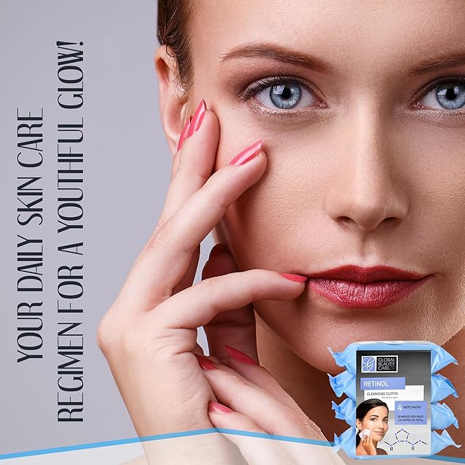 Global Beauty Care Retinol Makeup Remover Wipes with Collagen Renewing Support - Facial Cleansing Cloths, Remove Waterproof Mascara, Oil & Dirt, Texture Smoothing, All Skin Types, 120 Count (4-Pack)