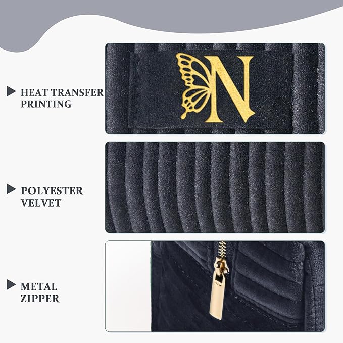 COSHAYSOO Travel Makeup Bag Quilted Make Up Pouch Initial Cosmetic Case with Butterfly Decorations for Women Birthday Easter Mothers Christmas Valentines Graduation Appreciation Gifts Black Letter N