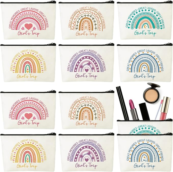 Sweetude 12 Pcs Girls Trip Gifts Favors Girls Weekend Gifts Rainbow Makeup Bag Portable Zipper Toiletry Cosmetic Bags Bachelorette Travel Pouch for Women Friendship Bestie Party Favors
