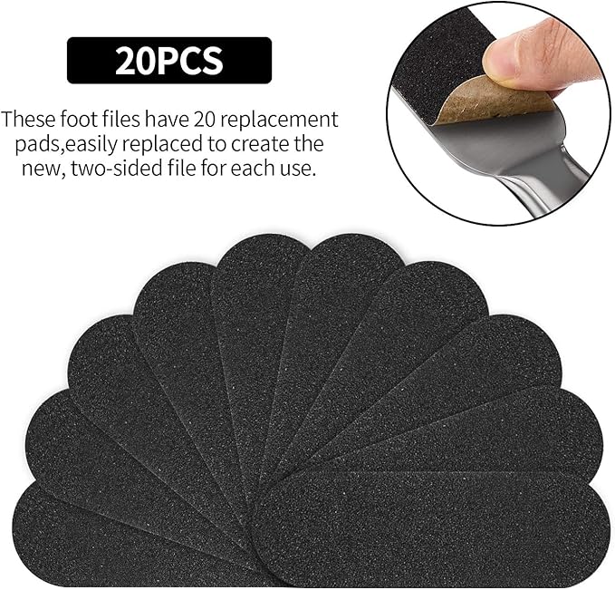 Mudder 2 Pieces Stainless Steel Pedicure Foot File Callus Remover Foot Scrubber Rasp with 20 Replaceable Coarse/Fine Double Side Reusable Pads for Care Cracked Skin Callus Remover Tool(Silver)