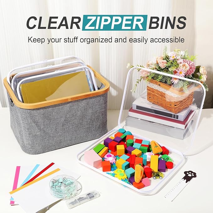 Hoolerry 4 Pcs Hard Clear Zipper Case Makeup Bags Plastic Zipper Pouch Transparent Storage Box Containers for Cosmetics, Snacks, Building Blocks, Puzzles(Clear,13.8 x 11.8 x 2 in,White)