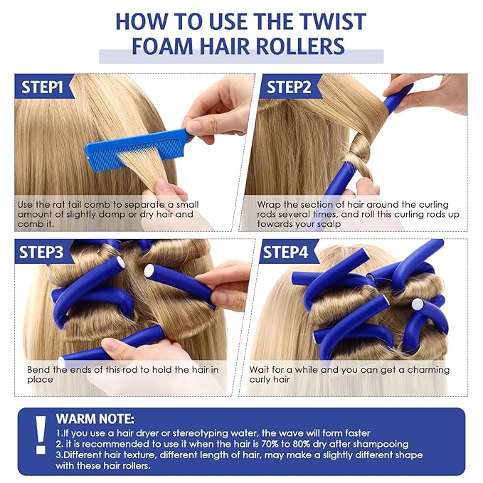 Syhood 30 Pcs Flexible Curling Rods 9.45 Twist Foam Rollers Soft Foam No Heat Hair Rods Rollers and 1 Steel Pintail Comb Rat Tail Comb for Women Long Short Hair(Dark Blue,9.45 x 0.55 Inch)