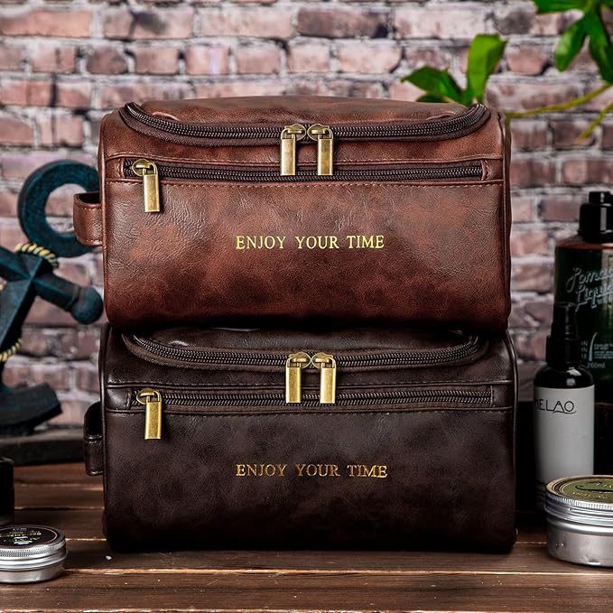 Flycalf Mens Toiletry Travel Bag Customized Mens Leather Toiletries Grooming Bag for Men Shaving Bag Hanging Water Resistant Organizer (Brown- Enjoy Your Time)