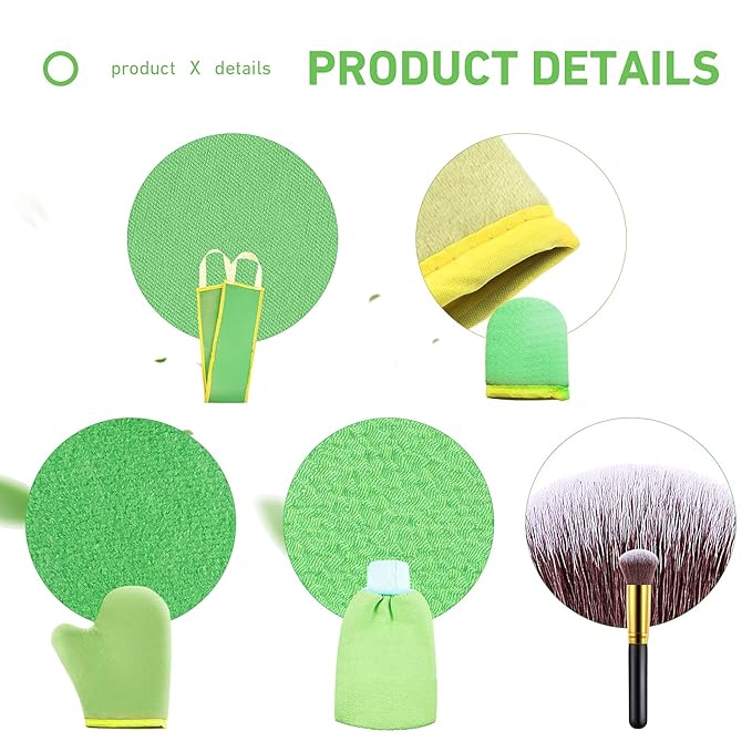 Boao 5 Pieces Self Tanning Mitt Applicator Kit, Includes Tanning Mitt, Exfoliating Glove, Mini Face Glove, Back Lotion Applicator, and Large Brush Makeup(Green)