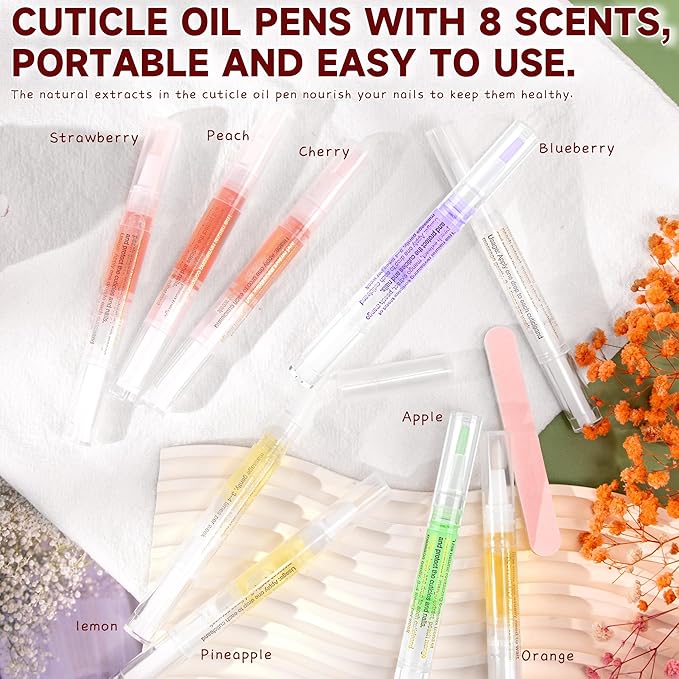 Cuticle Oil Pens - 8 PCS Revitalizing Oil Pen with Soft Brush for Nail Care, Cuticle Softener to Prevent Dry and Cracked Nails with Nail File, Mixed Scents