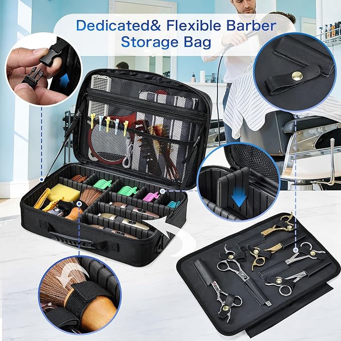 Professional Barber Clipper Case Organizer Bag with Adjustable Dividers, Detachable 6-Slot Scissors Panel, Travel Grooming Tool Storage - Fits Wahl/Andis/Hatteker