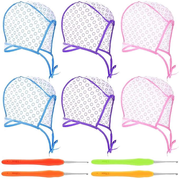 Waydress 6 Pieces Highlight Hair Cap Salon Hair Coloring Highlighting Dye Tipping Cap Frosting Caps with 4 Pieces Highlighting Needles Crochet Hooks for Dyeing Hairdressing Tool(Purple/Blue/Pink)