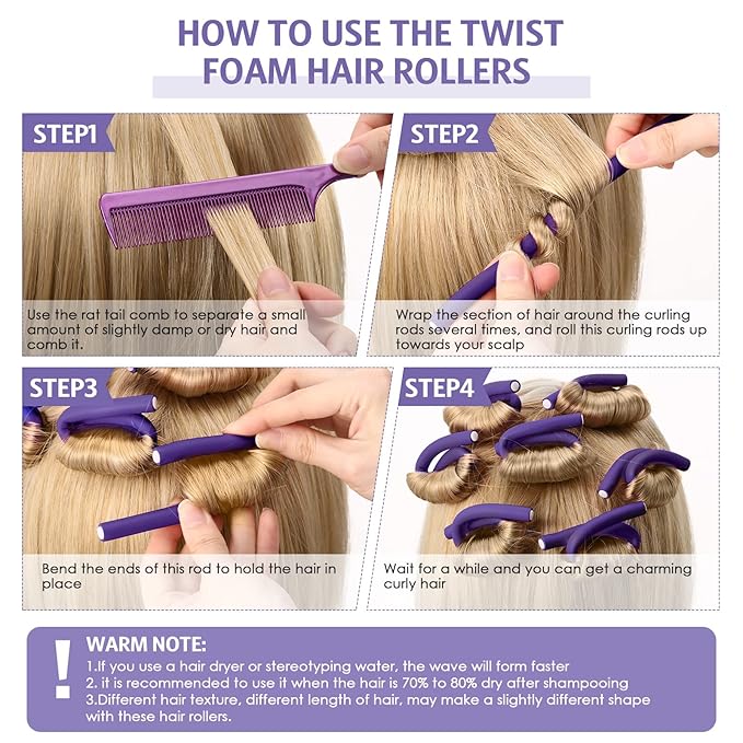 WILLBOND 60 Pieces Flexible Curling Rods Hair Curlers Rollers Twist Flexi No Heat Rods Rollers for Long Short Hair Women(0.3 x 7 Inch,Purple)