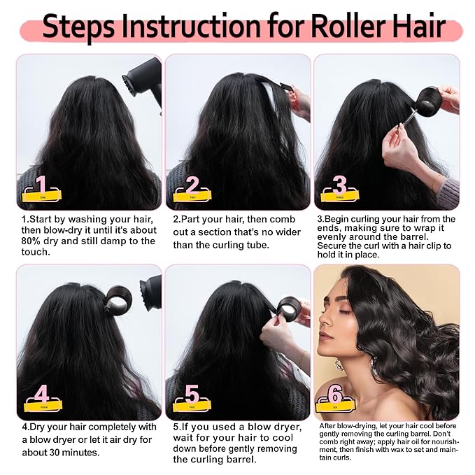 4 Sizes Self-Grip Hair Rollers Set with Clips - 4 Sizes for Long, Short Hair & Bangs (25mm, 36mm, 48mm, 60mm), (BLACK, 4 Sizes)