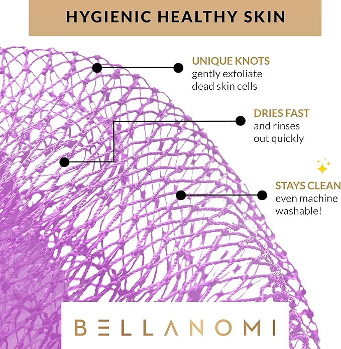 BELLANOMI African Exfoliating Net Sponge, Authentic African Bath Sponge, Ethically sourced from Nigeria, 45 inches Long, Back Scrubber for Daily use (Lilac)