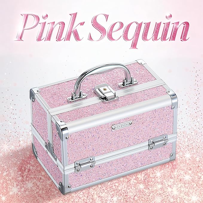 FRENESSA Makeup Case Organizer Portable Makeup Train Case Cosmetic Box with Mirror Jewerly Tray for Girls Nail Supplies Make Up Cases Organizers and Storage Kids Craft Case Pink