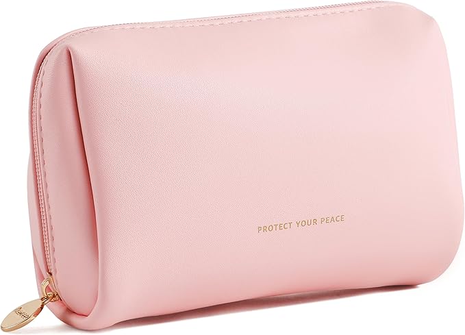 Aveniee Travel Makeup Bag Small, Vegan Leather Cosmetic Pouch for Purse, Wide-open Toiletry Organizer with Dividers & Zipper for Women-Pink