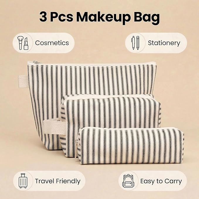 3 Pcs Canvas Makeup Bag Set Cosmetic Pouch for Women Travel Toiletry Bag Cute Makeup Organizer Purse Pouch Preppy Pencil Case with Zipper (Black Pinstripes)
