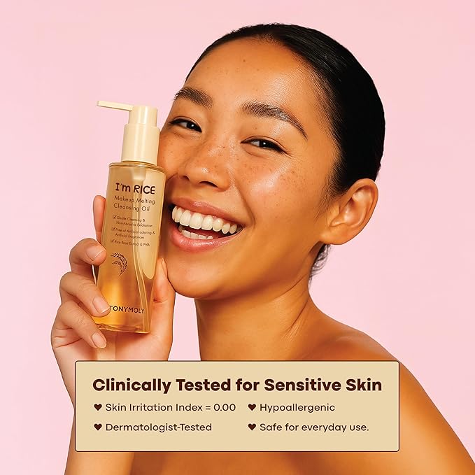 TONYMOLY I’m Rice Makeup Melting Cleansing Oil – 215ml | Gentle Cleanser for Sensitive Skin | Removes Makeup & Impurities | Rice Bran Oil + PHA | Non-Comedogenic, Fragrance-Free, Korean Skincare