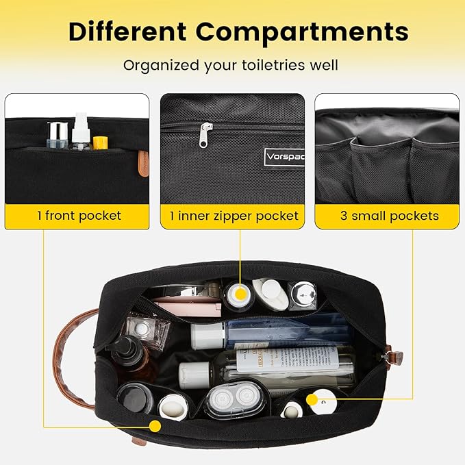Vorspack Travel Toiletry Bag - Hanging Toiletry Bag for Men Water Resistant Canvas Shaving Bag with Large Capacity for Travel - Black