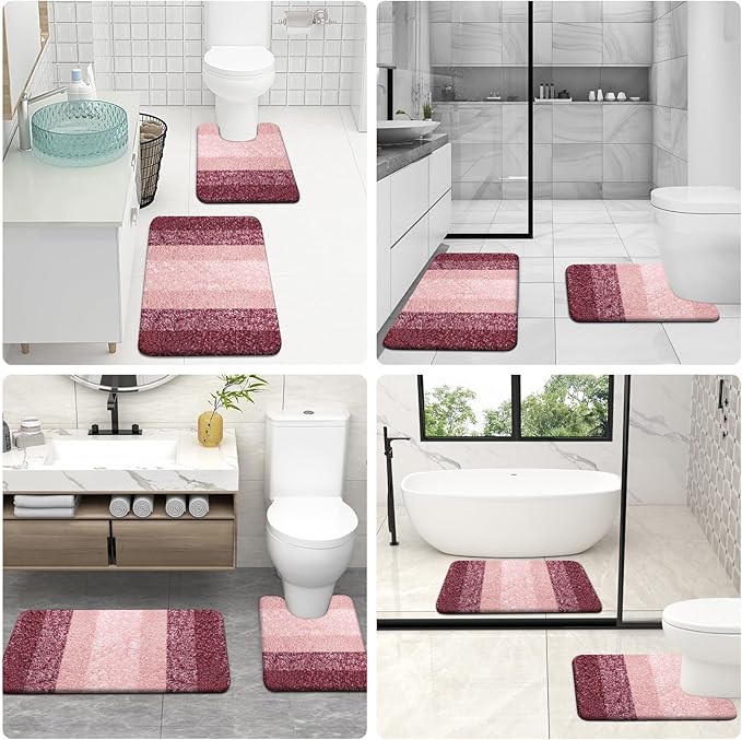 OLANLY Bathroom Rugs Sets 3 Piece, Soft Absorbent Microfiber Bath Mats and U-Shaped Contour Toilet Rug, Plush Shaggy Bath Mat Set for Bathroom (47"x20"+24"x16"+24"x20", Red)