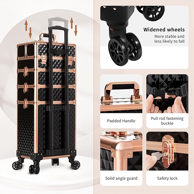 AROUS Rolling Makeup Train Case 4 in 1 Cosmetology Case on Wheels Large Storage Cosmetic Trolley with Key Salon Barber Case Traveling Cart Trunk,Gold&Black