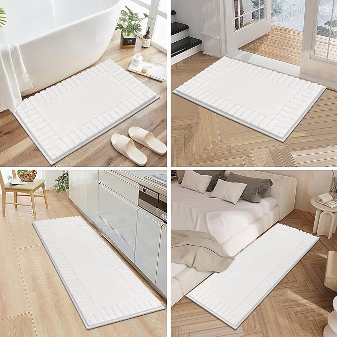 Pauwer Bathroom Rugs Sets 3 Piece Bathroom Shower Rugs with U-Shaped Contour Toilet Mat Absorbent Microfiber Plush Bath Mats Non Slip Bath Rug Machine Washable Shaggy Bath Mat Set, White