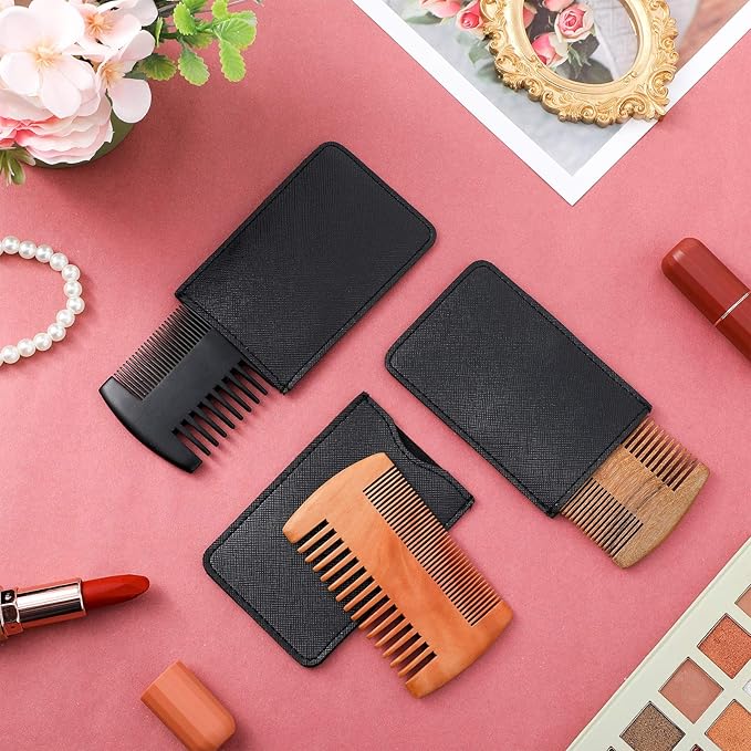 3 Pieces Beard Comb for Men Natural Sandalwood Wooden Mustaches Combs Dual Action Teeth Beard Comb with 3 Pieces Pocket Faux Leather Case for Beards Mustaches(Black, Yellow, Brown)