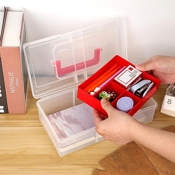JUXYES Plastic Fishing Tackle Box Organizer with Removable Dividers, Clear Fishing Tackle Storage Boxes with Handle, 2 Layer Fishing Tackle Tray Box Lure Box, Red