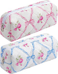 Cute Floral Cotton Makeup Brush Cosmetic Bag for Women, Travel Quilted Zipper Make Up Bag, Flowers Toiletry Organizer Case Kawaii Makeup Cosmetic Travel Cloth Pouch (Pink Bowknot+Blue Bowknot)