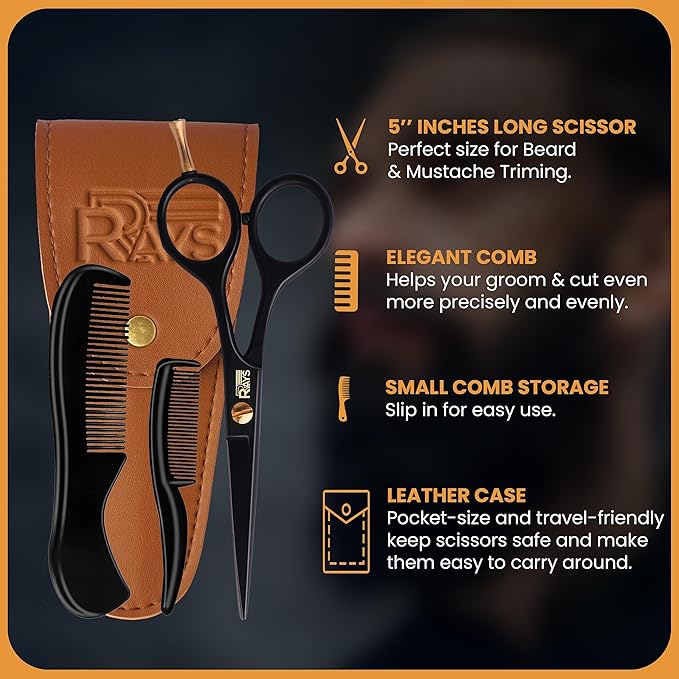 5'' Beard Scissors for Men- German Mustache Scissors with Beard & Mustache Comb- Beard Trimming Scissors with Travel Pouch- Mustache Grooming kit for Men Facial Hair Styling-Mustache Trimmer.