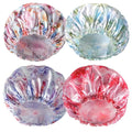 4 PCS Shower Caps for Women, Printing Bath Caps, Double Layers Shower Cap Reusable Waterproof, Bathing Shower Caps, Environmental Protection Hair Bath Hat - Flower