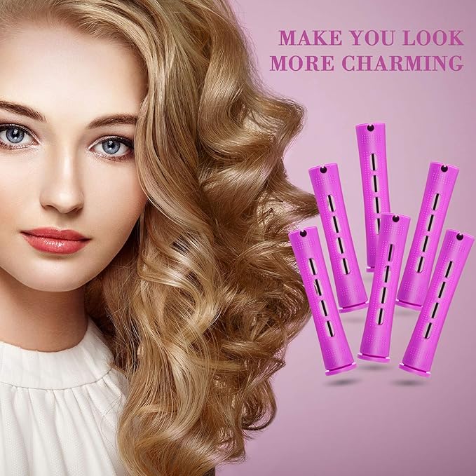 Chuangdi 24 Pcs Hair Perm Rods Plastic Cold Wave Perming Curlers Hair Rollers with Steel Pintail Comb Rat Tail Comb Tools for Hairdressing Styling(Purple,0.75 Inches)
