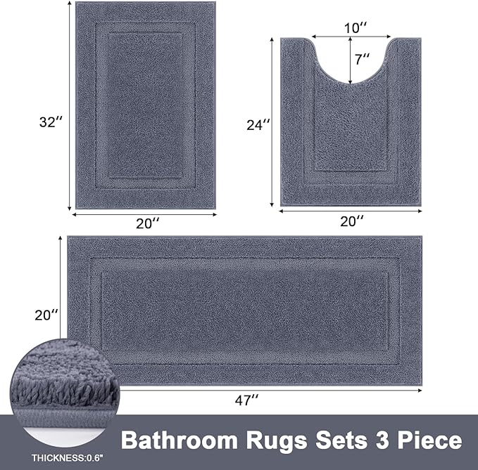 SHACOS Dark Grey Bathroom Rugs Sets 3 Piece, 20"x47" +20"x32" Non Slip Bath Mat and 20"x24" Toilet Rugs U Shaped Washable, Soft Fluffy Water Absorbent Bathroom Floor Mat