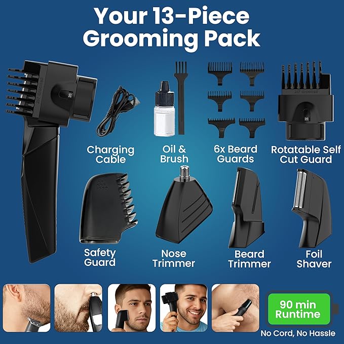 Self Haircut Kit for Men – Electric Hair Trimmer for Men with Beard and Nose Trimmer, Foil Shaver, Safety Guard, Charging Cable, Oil and Brush – Complete Body Hair Grooming Set