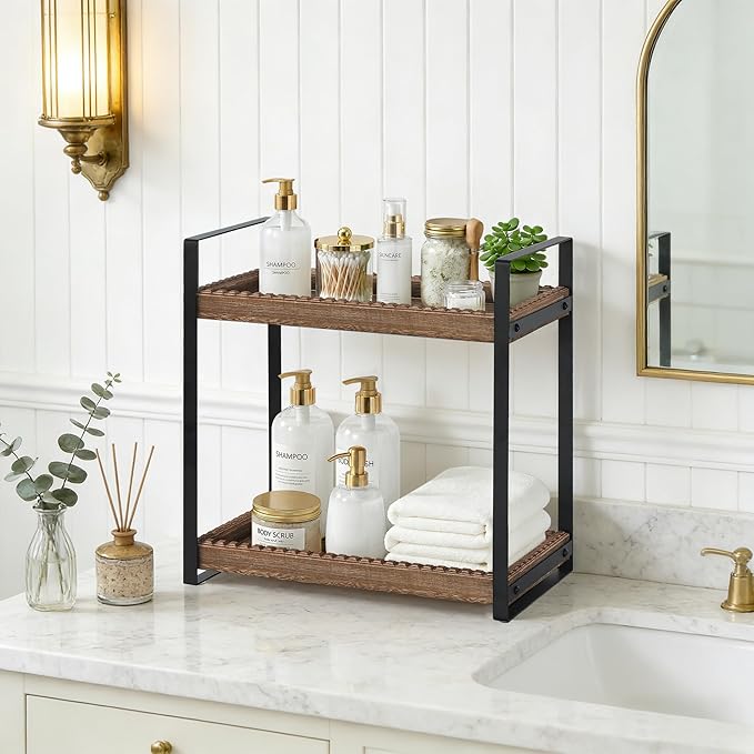 2 Tier Bathroom Organizers and Storage, Farmhouse Countertop Organizer for Bathroom Storage, Makeup Organizer for Decor, Wood Shelf for Skincare Kitchen Coffee Bar, Vanity Accessories (Dark Brown)
