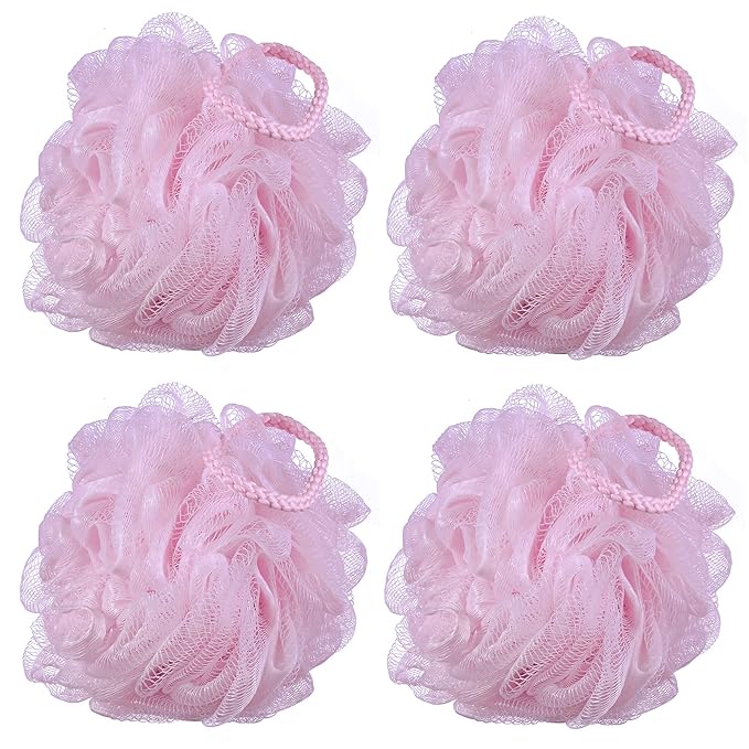 60g/pcs Pink Mesh Bath Sponge Shower Pouf Loofahs Shower Puff Pack of 4 (Pink)