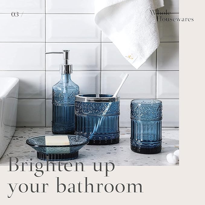 4-Piece Bathroom Accessories Set - Blue Glass Decor Set - WHOLE HOUSEWARES Soap Dispenser, Toothbrush Holder, Vanity Tray and Jar - Elegant Boho Bathroom Countertop Organizer