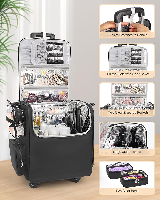 Relavel Rolling Makeup Train Case, Hairstylist Traveling Bag with 4 Wheels, Heat Insulation Full Layer, Adjustable Dividers, Hair Tools and Cosmetics Storage Organizer Trolley Suitcase Makeup Cart