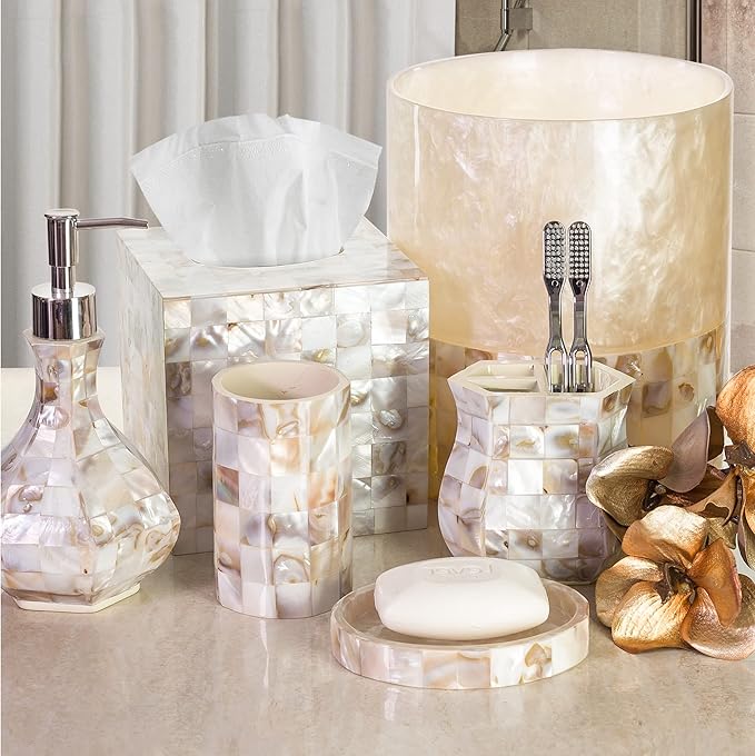 Creative Scents Milano Small Bathroom Trash Can 1.58 Gal / 6L - Decorative Bathroom Wastebasket with Beautiful Mother of Pearl Shells; Modern Round Waste Basket for Room, Bedroom or Living Room