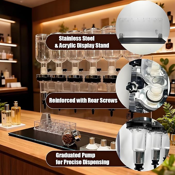 Professional Manual Perfume Dispenser, Liquid Filling Machine Transfer Tools,Manual Dispenser Set, Adjustable Pump Heads & Testing Cups for Shops & Lab & Bars(8 Heads)