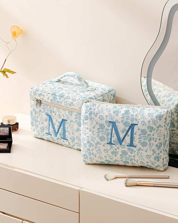 HBselect 2Pcs Initial Quilted Cotton Large Travel Cute Floral Coquette Makeup Bag Cosmetic Toiletry Bag for Women Girls