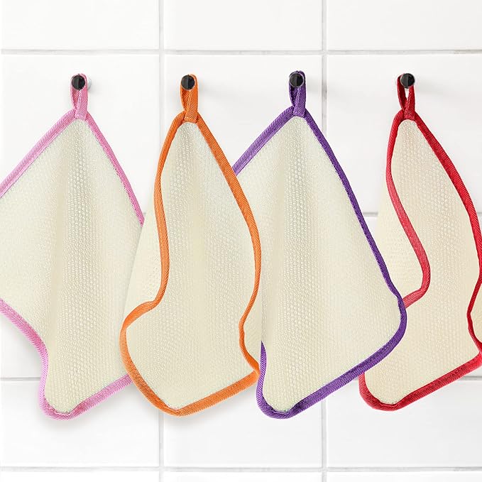 Tatuo 5 Pcs Exfoliating Face and Body Wash Cloths Towel Weave Bath Exfoliating Scrub Massage Bath Cloth for Women and Men, 10.63 x 9.05 Inch(Green, Orange, Pink, Purple, Red Edge)